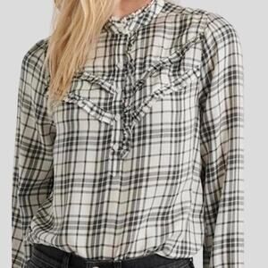 Lucky Brand Womens Buffalo Plaid Ruffled Top Blouse Size M Western Boho